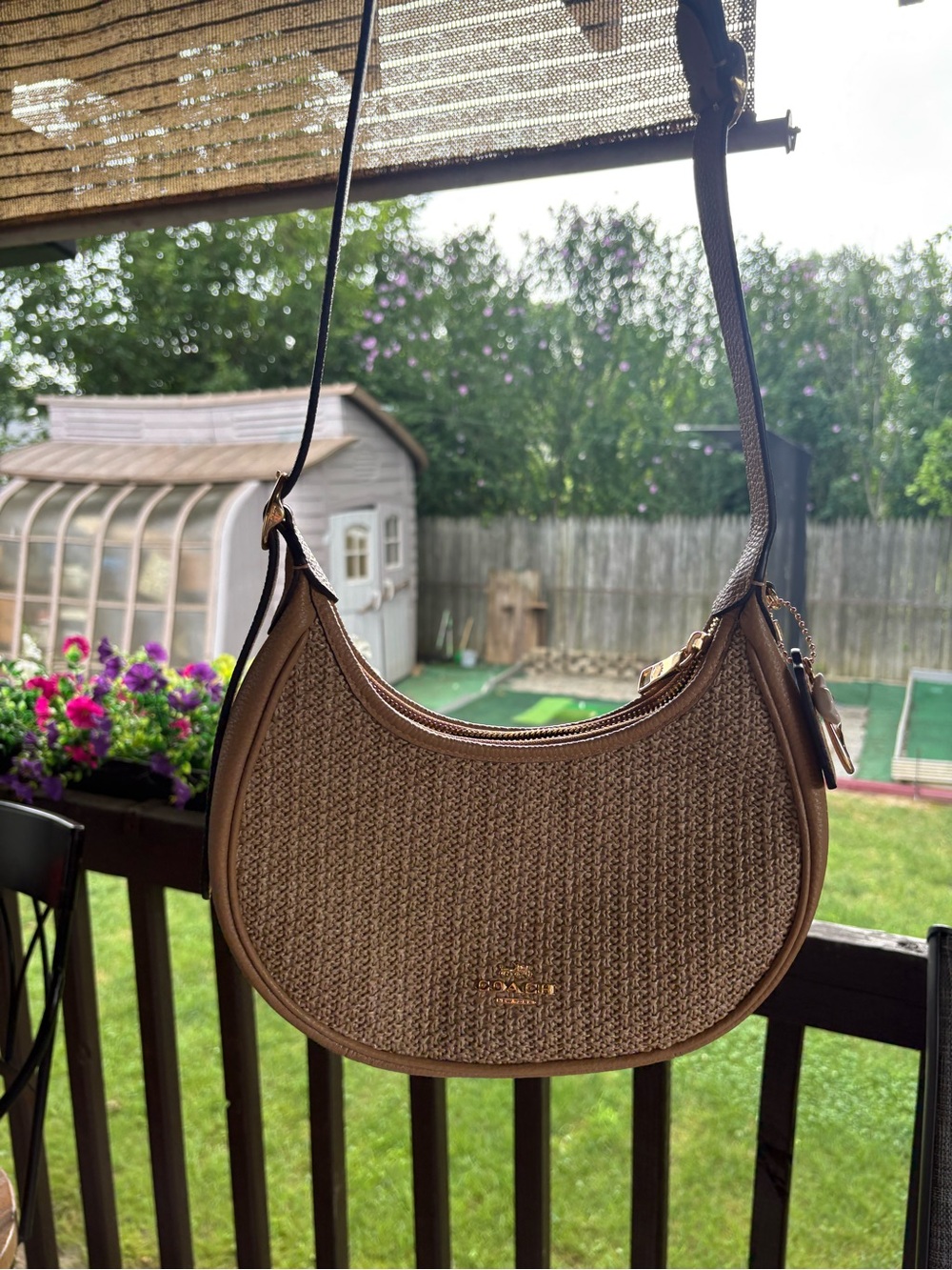 Coach Emily 2026 Woven Shoulder Bag Convert Crossbody w/ Coach Flower Charm